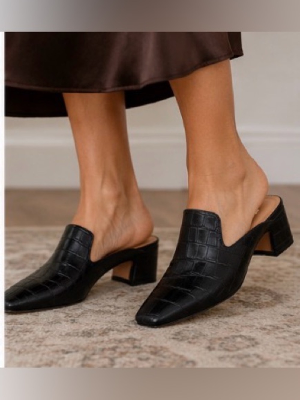 Linea Paolo Giselle Black Croc Embossed Leather Mule Heels 5.5 NIB